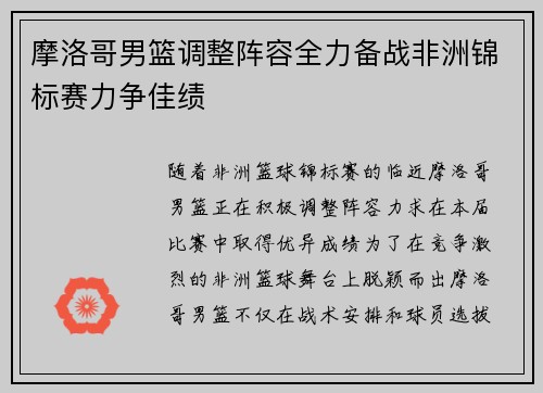 摩洛哥男篮调整阵容全力备战非洲锦标赛力争佳绩