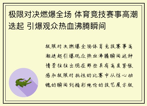 极限对决燃爆全场 体育竞技赛事高潮迭起 引爆观众热血沸腾瞬间